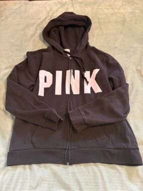 PINK Victoria's Secret Black Zip Hoodie with White Label